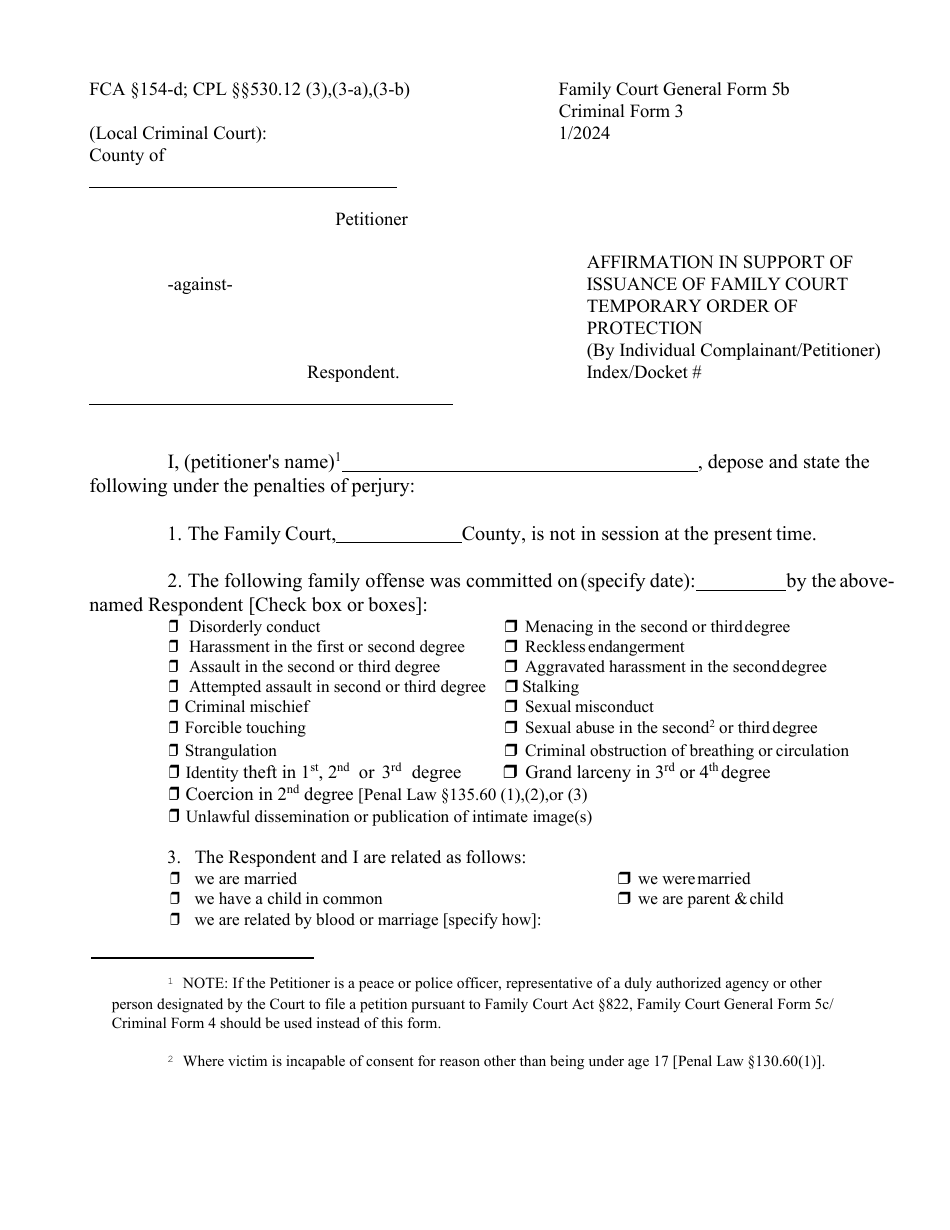 General Form 5B (Criminal Form 3) Affirmation in Support of Issuance of Family Court Temporary Order of Protection (By Individual Complainant / Petitioner) - New York, Page 1