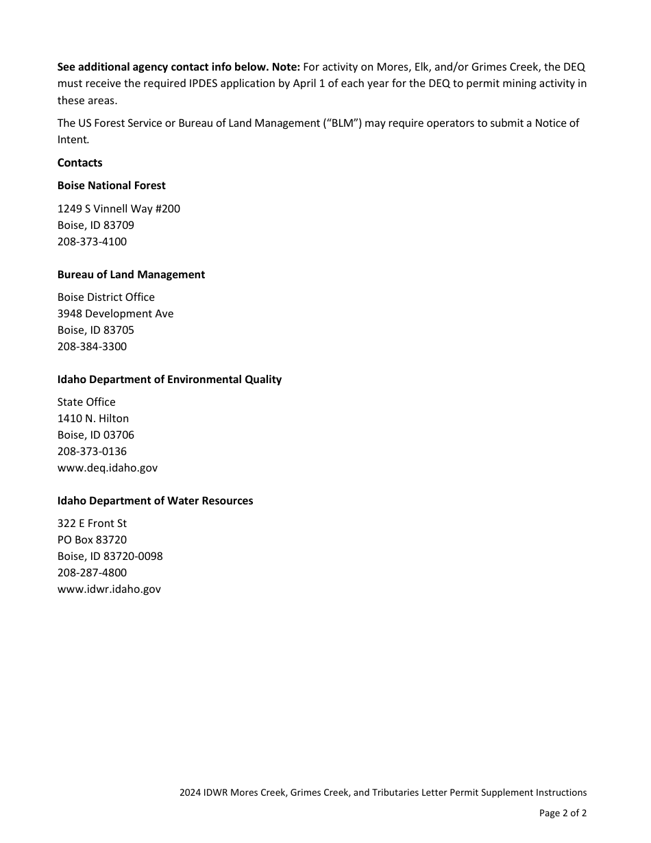 Idwr Mores Creek, Grimes Creek, and Tributaries Letter Permit Supplement Form - Idaho, Page 2