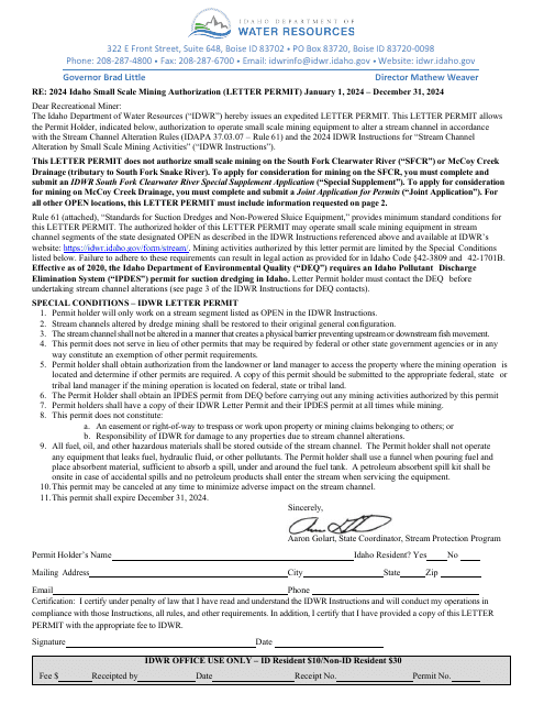Idaho Small Scale Mining Authorization (Letter Permit) - Idaho Download Pdf