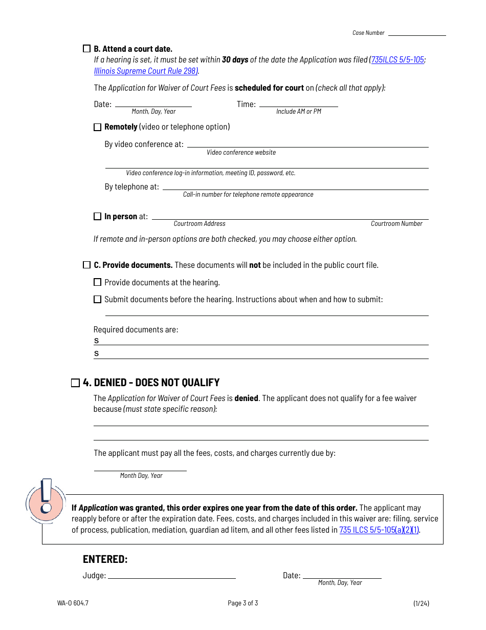 Form WA-O604.7 Order on Application for Waiver of Court Fees (Civil) - Illinois, Page 3