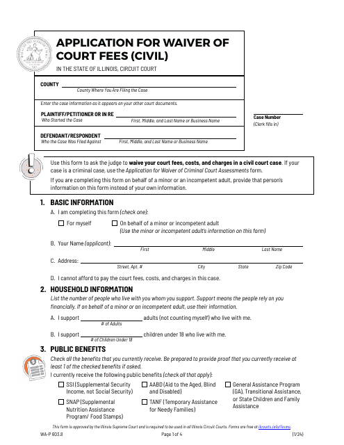 Form WA-P603.8 Application for Waiver of Court Fees (Civil) - Illinois