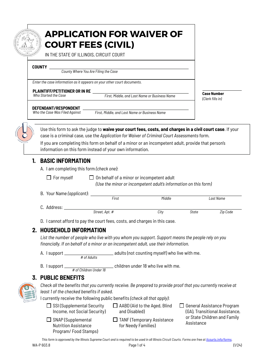 Form WA-P603.8 Application for Waiver of Court Fees (Civil) - Illinois, Page 1