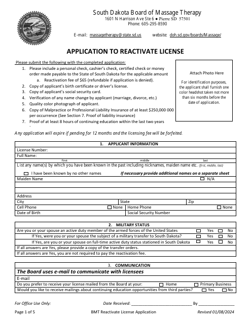 Application to Reactivate License - South Dakota Download Pdf