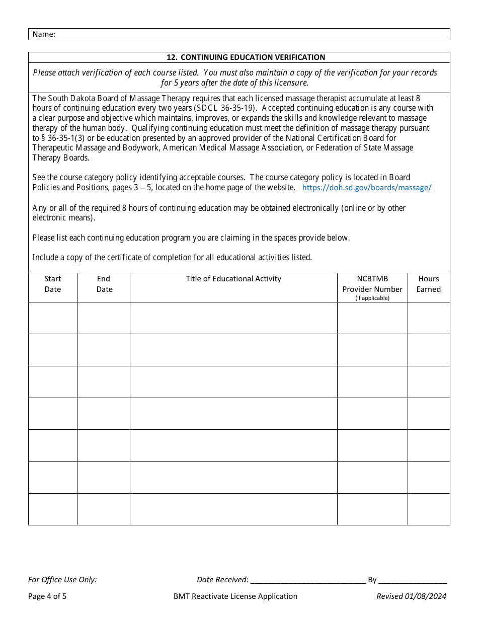 Application to Reactivate License - South Dakota, Page 4