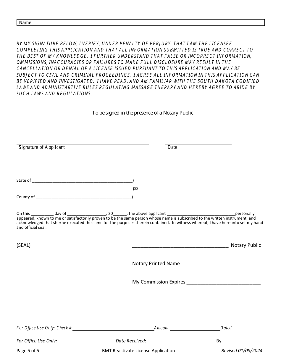 Application to Reactivate License - South Dakota, Page 5