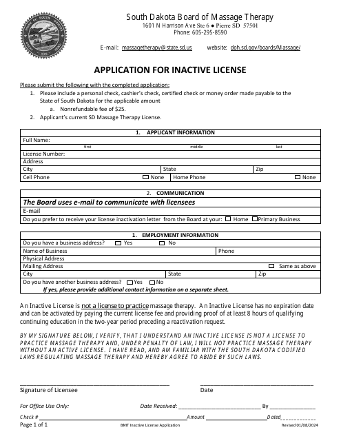 Application for Inactive License - South Dakota Download Pdf