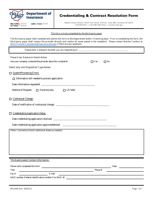 Form INS0508 Credentialing & Contract Resolution Form - Ohio