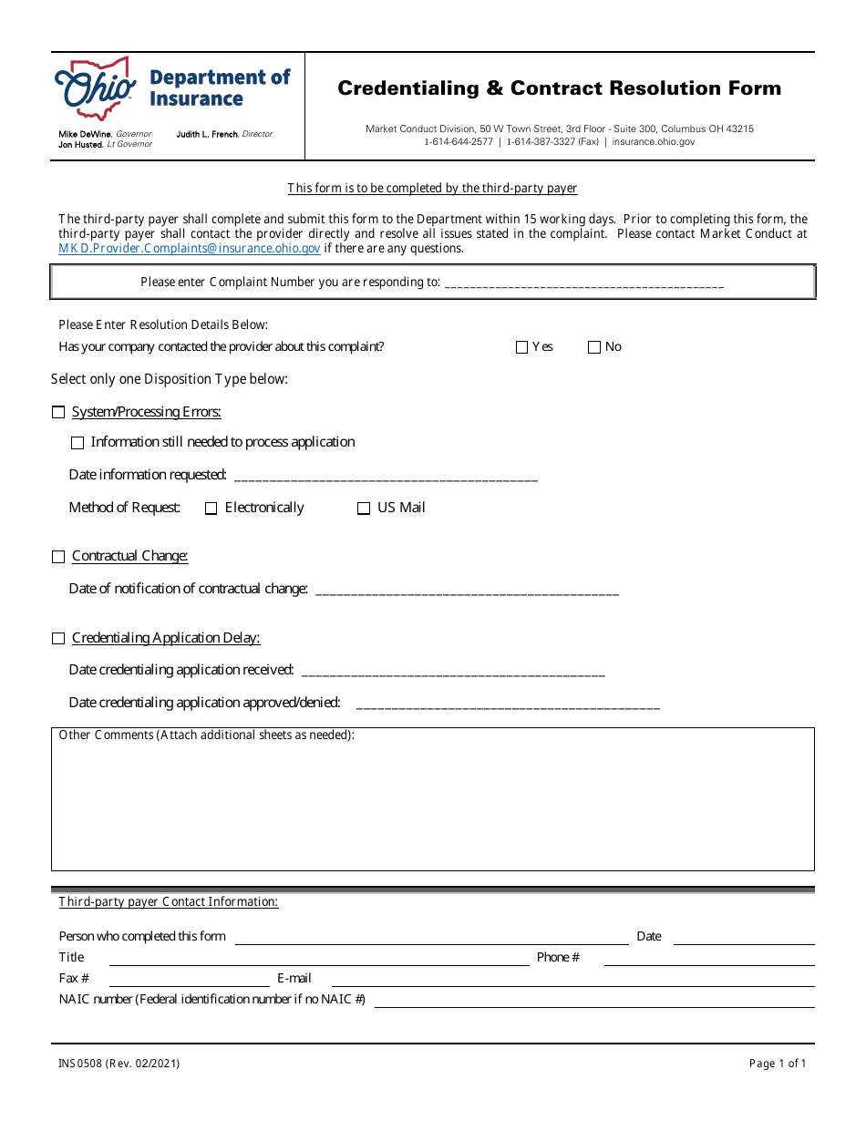 Form INS0508 Credentialing  Contract Resolution Form - Ohio, Page 1