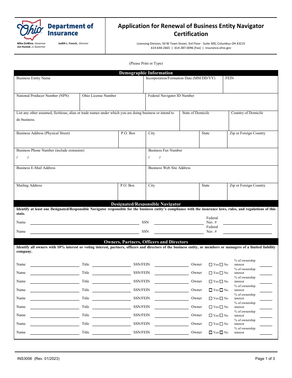 Form INS3006 Application for Renewal of Business Entity Navigator Certification - Ohio, Page 1