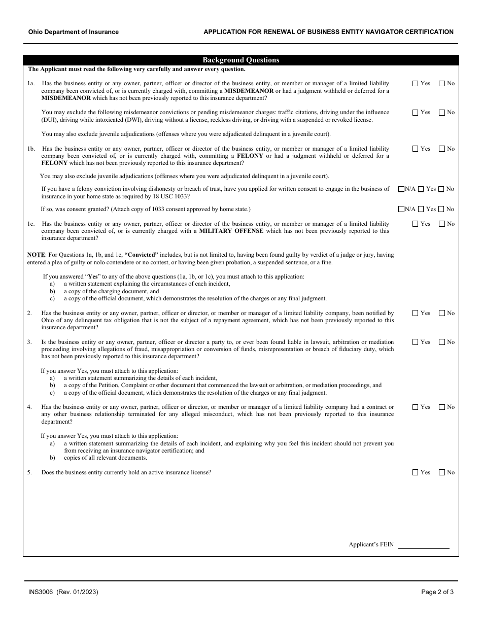 Form INS3006 Application for Renewal of Business Entity Navigator Certification - Ohio, Page 2