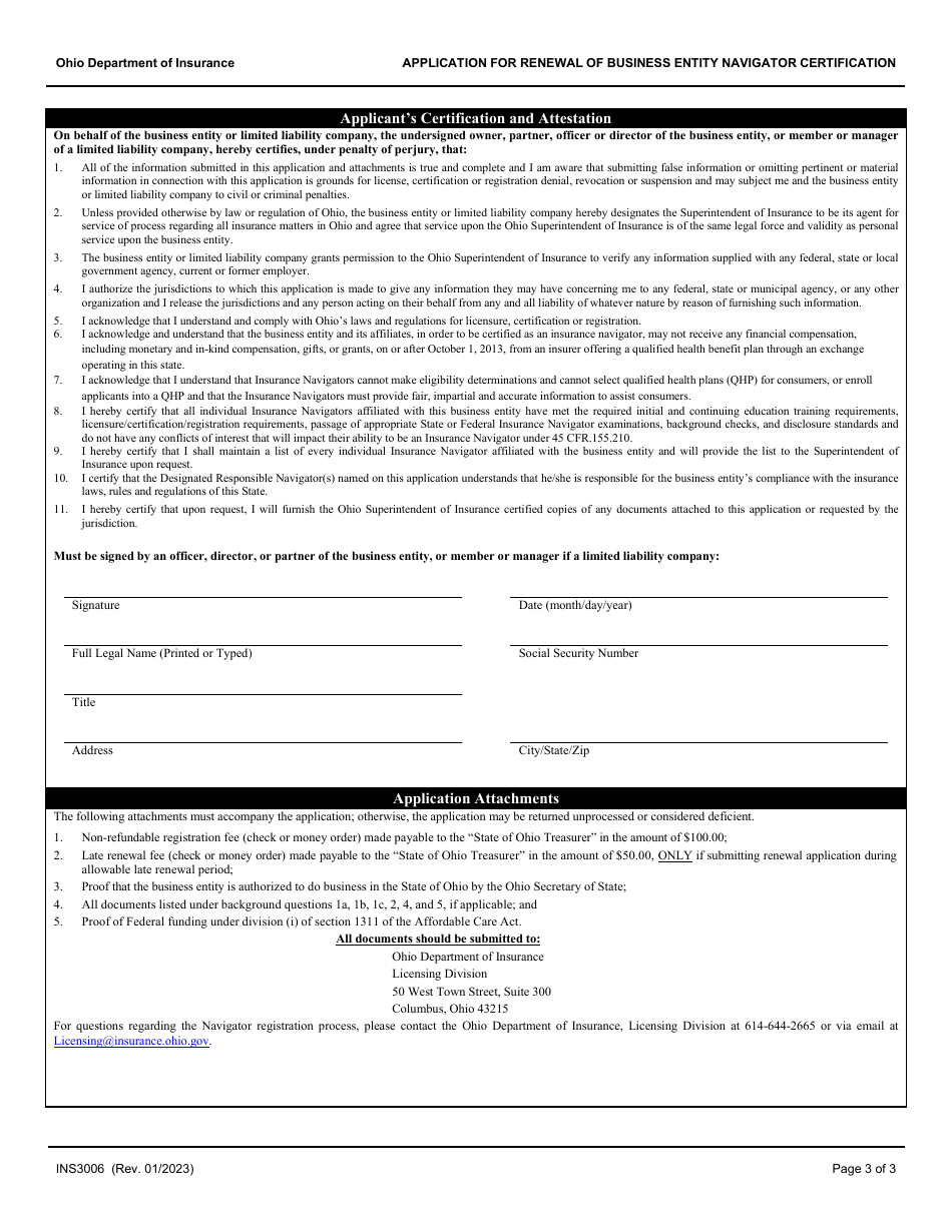 Form INS3006 Application for Renewal of Business Entity Navigator Certification - Ohio, Page 3