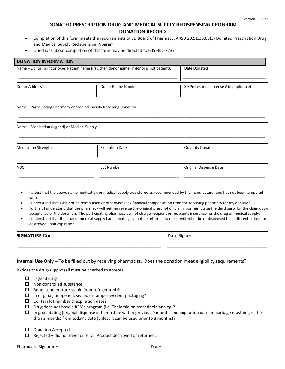 Donation Record - Donated Prescription Drug and Medical Supply Redispensing Program - South Dakota, Page 1