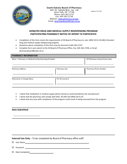 Participating Pharmacy Notice of Intent to Participate - Donated Drug and Medical Supply Redispensing Program - South Dakota Download Pdf