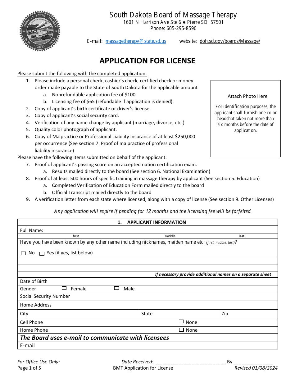 Application for License - South Dakota, Page 1