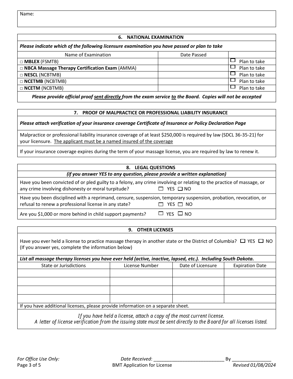 Application for License - South Dakota, Page 3
