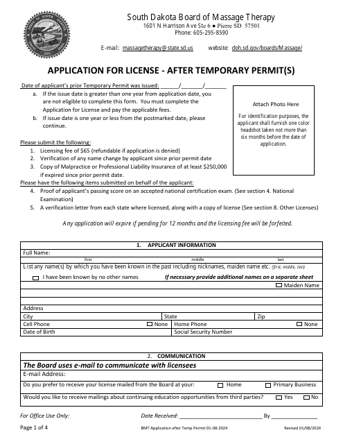 Application for License - After Temporary Permit(S) - South Dakota Download Pdf