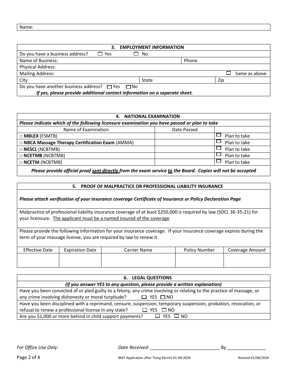 Application for License - After Temporary Permit(S) - South Dakota, Page 2