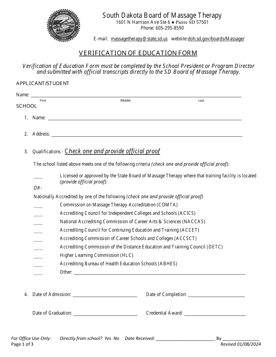 Verification of Education Form - South Dakota, Page 1