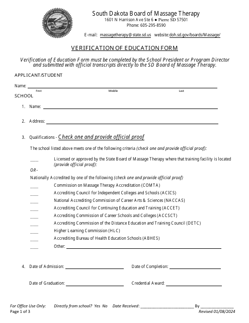 Verification of Education Form - South Dakota Download Pdf