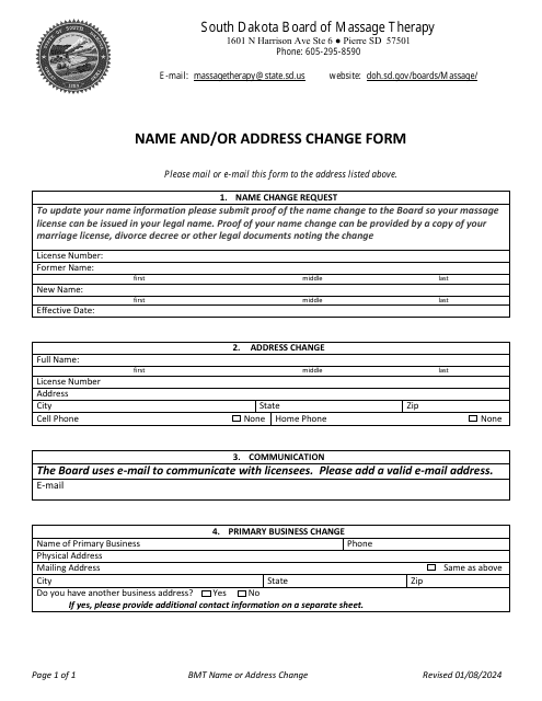 Name and / or Address Change Form - South Dakota Download Pdf