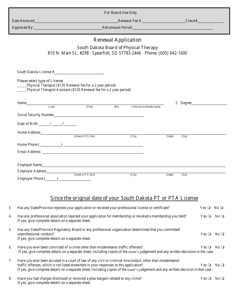Physical Therapy License Renewal Application - South Dakota, Page 1