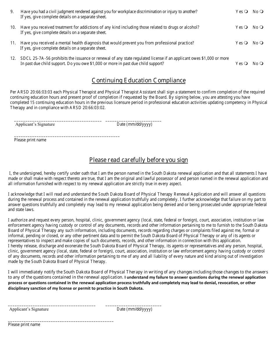 South Dakota Physical Therapy License Renewal Application - Fill Out ...