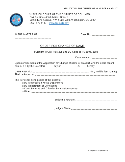 Application for Change of Name for an Adult - Order for Change of Name - Washington, D.C. Download Pdf