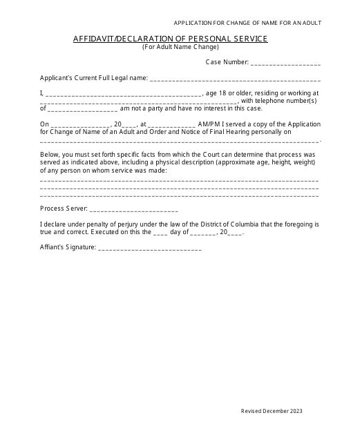 Application for Change of Name for an Adult - Affidavit / Declaration of Personal Service - Washington, D.C. Download Pdf