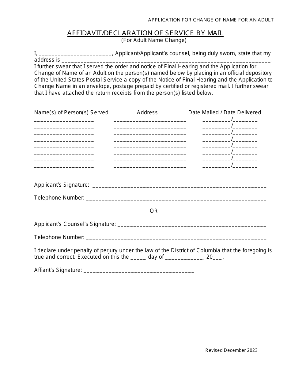 Application for Change of Name for an Adult - Affidavit / Declaration of Service by Mail - Washington, D.C., Page 2