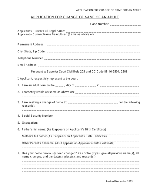 Application for Change of Name of an Adult - Washington, D.C. Download Pdf