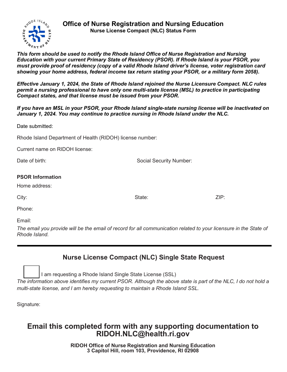 Nurse License Compact (Nlc) Status Form - Rhode Island, Page 1