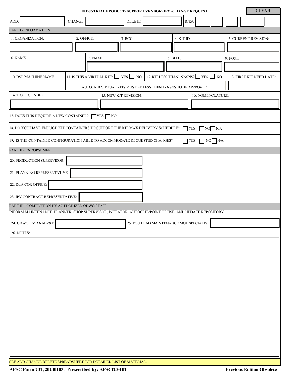 AFSC Form 231 Download Fillable PDF or Fill Online Industrial Product ...