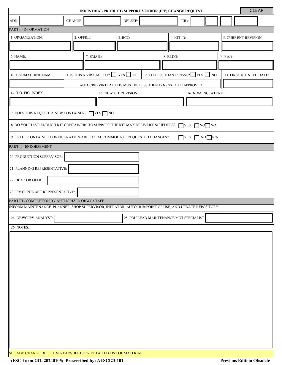 AFSC Form 231 Industrial Product - Support Vendor (Ipv) Change Request, Page 1