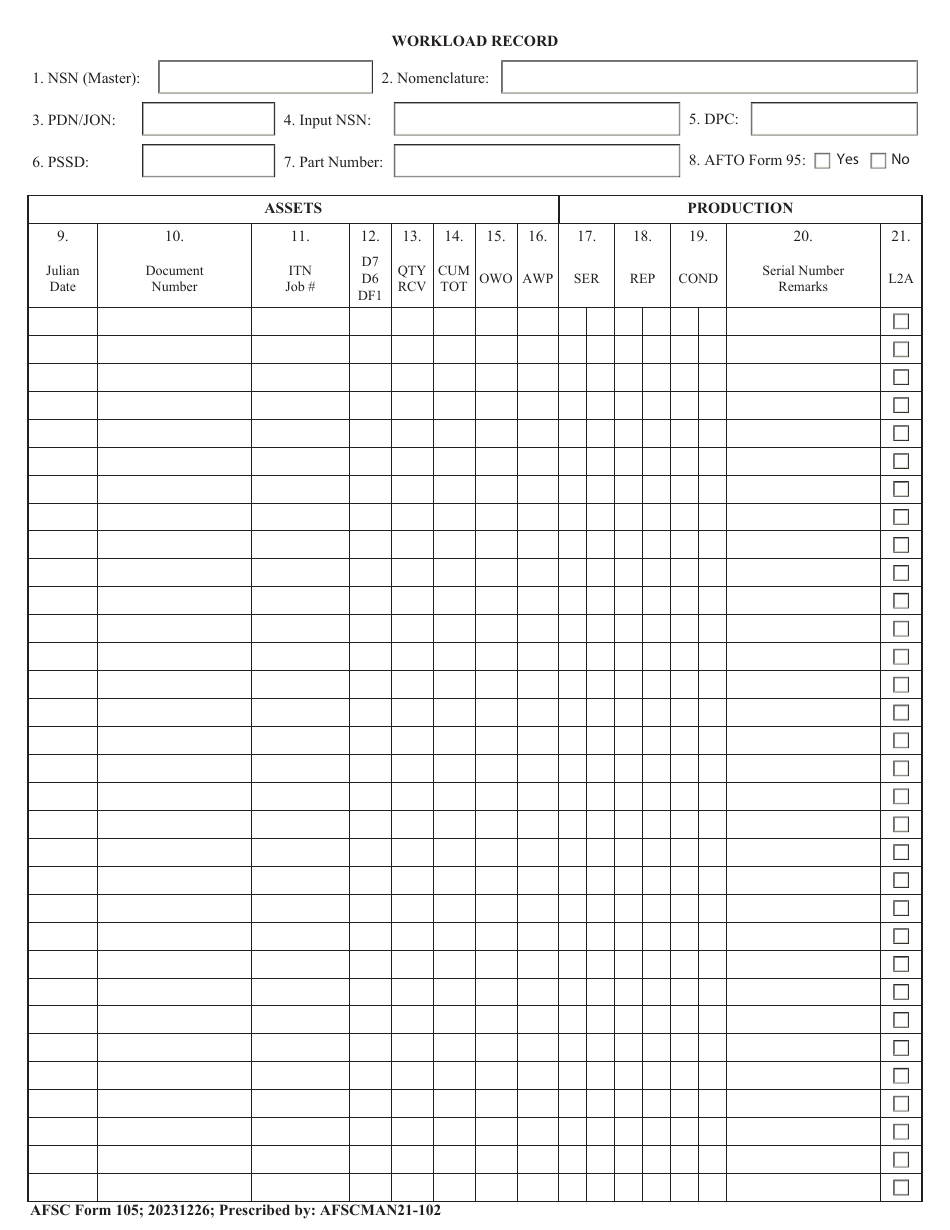 AFSC Form 105 Workload Record, Page 1