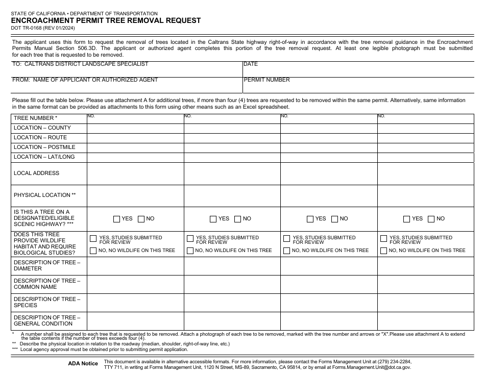 Form DOT TR-0168 Encroachment Permit Tree Removal Request - California, Page 1