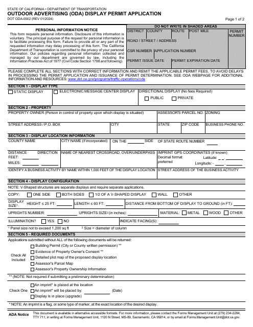Form DOT ODA-0002 Outdoor Advertising (Oda) Display Permit Application - California