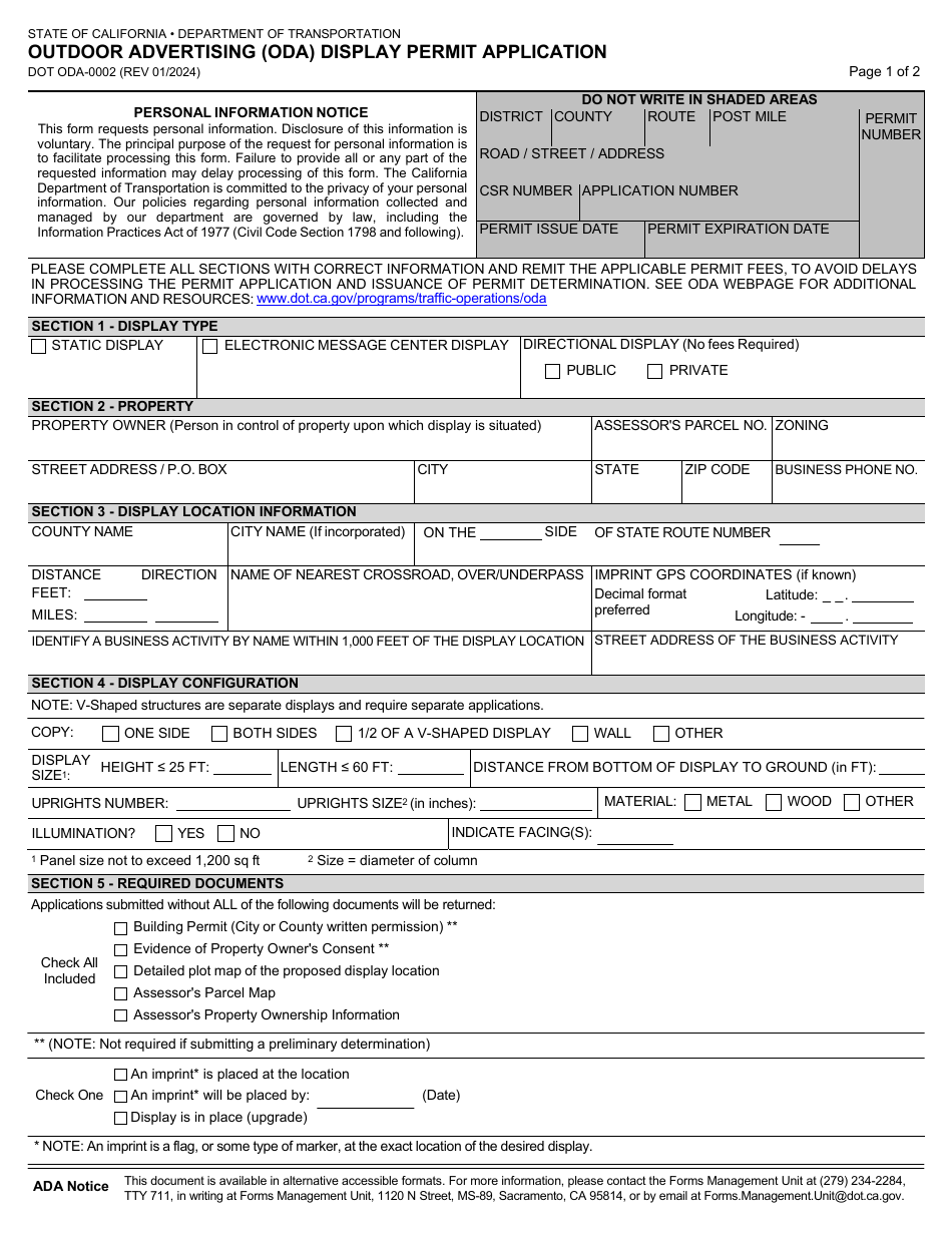 Form DOT ODA-0002 Download Fillable PDF or Fill Online Outdoor ...