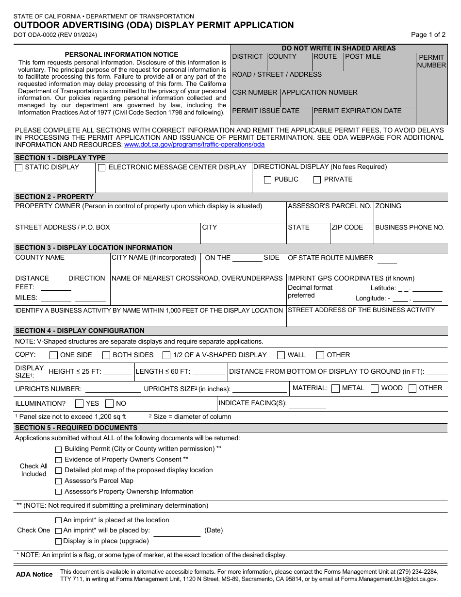 Form DOT ODA-0002 Outdoor Advertising (Oda) Display Permit Application - California, Page 1