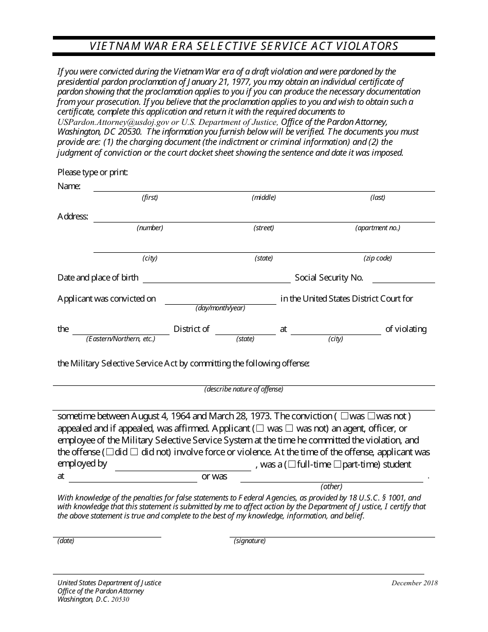 Vietnam War Era Pardon Application Form, Page 1