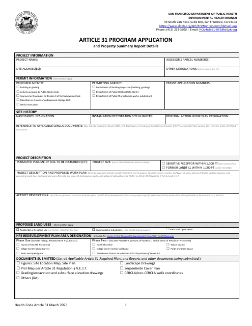 Article 31 Program Application and Property Summary Report Details - City and County of San Francisco, California Download Pdf