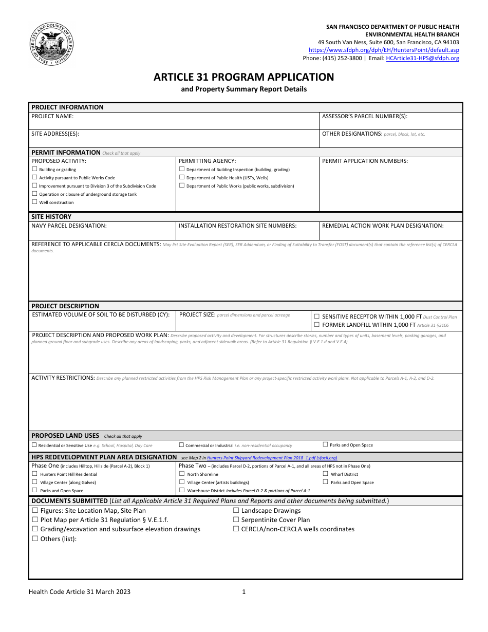 Article 31 Program Application and Property Summary Report Details - City and County of San Francisco, California, Page 1