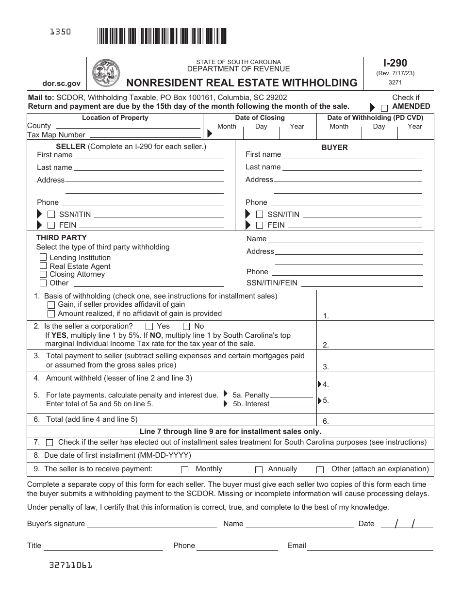 Form I-290 Nonresident Real Estate Withholding - South Carolina, Page 1