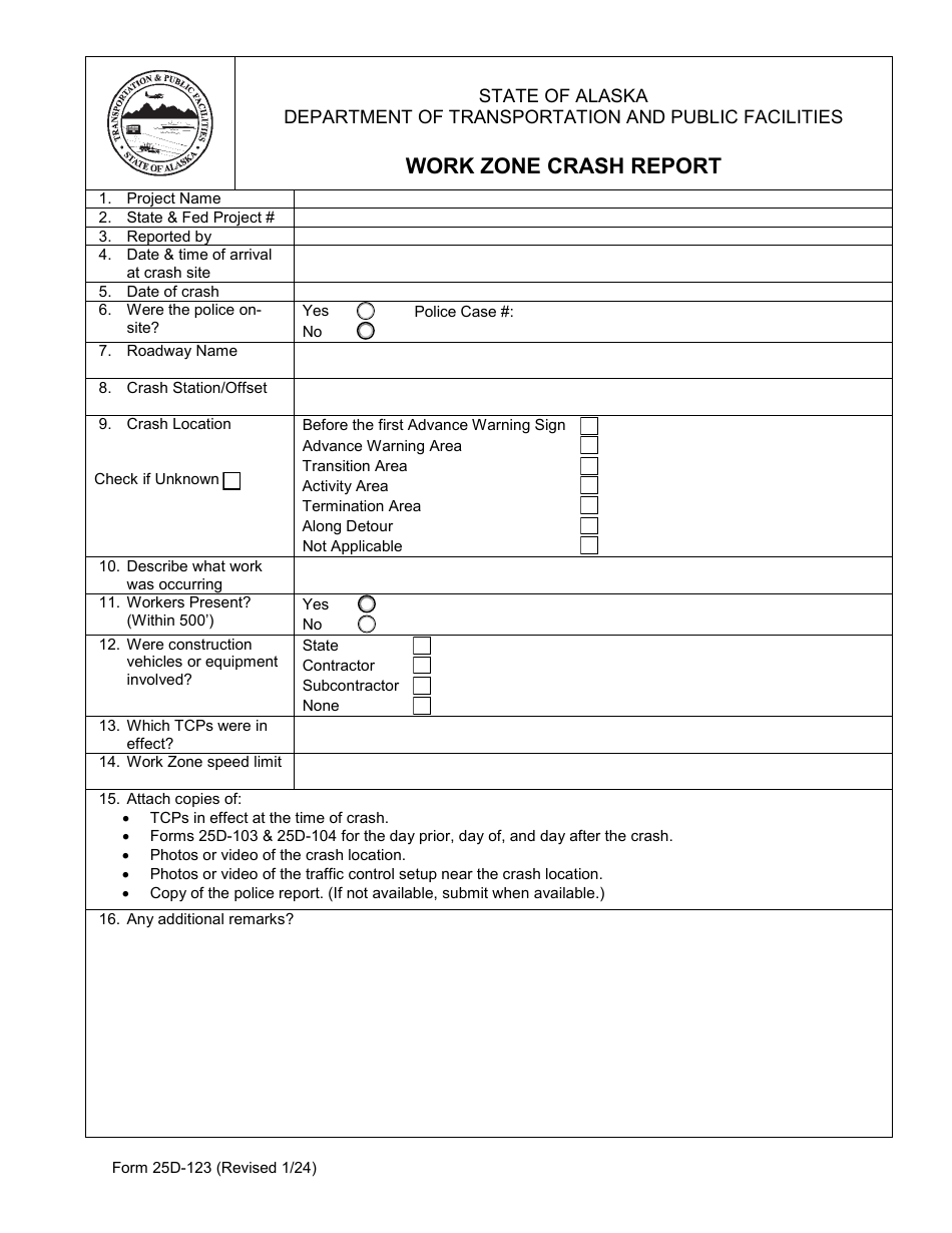 Form 25D-123 Work Zone Crash Report - Alaska, Page 1