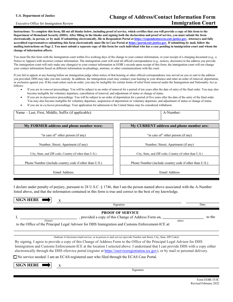 Form EOIR-33 / IC Change of Address / Contact Information Form - Phoenix, Arizona, Page 1