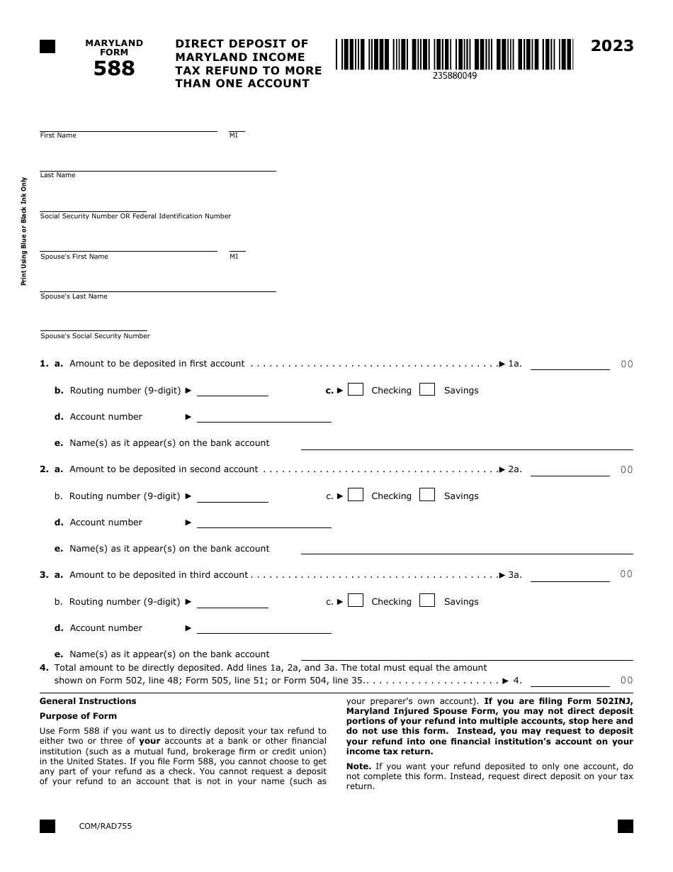 Maryland Form 588 (COM / RAD755) Direct Deposit of Maryland Income Tax Refund to More Than One Account - Maryland, Page 1