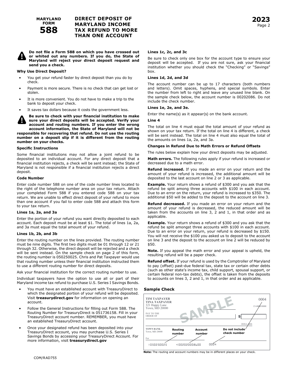 Maryland Form 588 (COM / RAD755) Direct Deposit of Maryland Income Tax Refund to More Than One Account - Maryland, Page 2