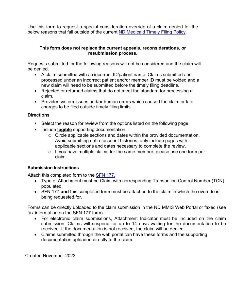 Timely Claim Filing Override Request - North Dakota, Page 2