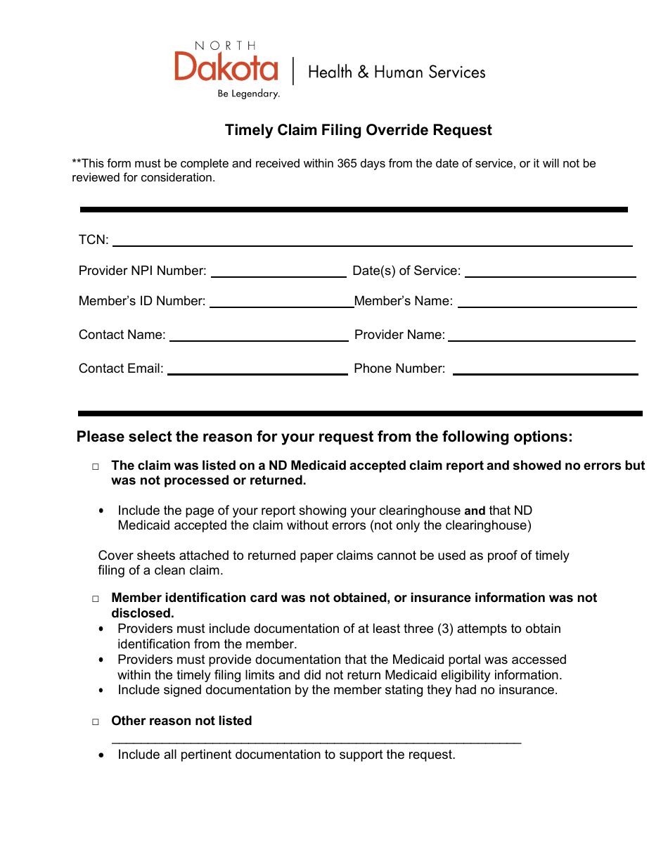 2023 North Dakota Timely Claim Filing Override Request Fill Out, Sign Online and Download PDF