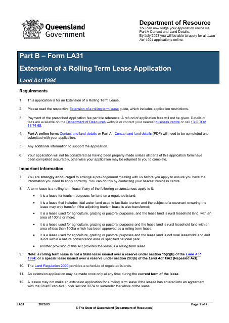 Form LA31 Part B Extension of a Rolling Term Lease Application - Queensland, Australia