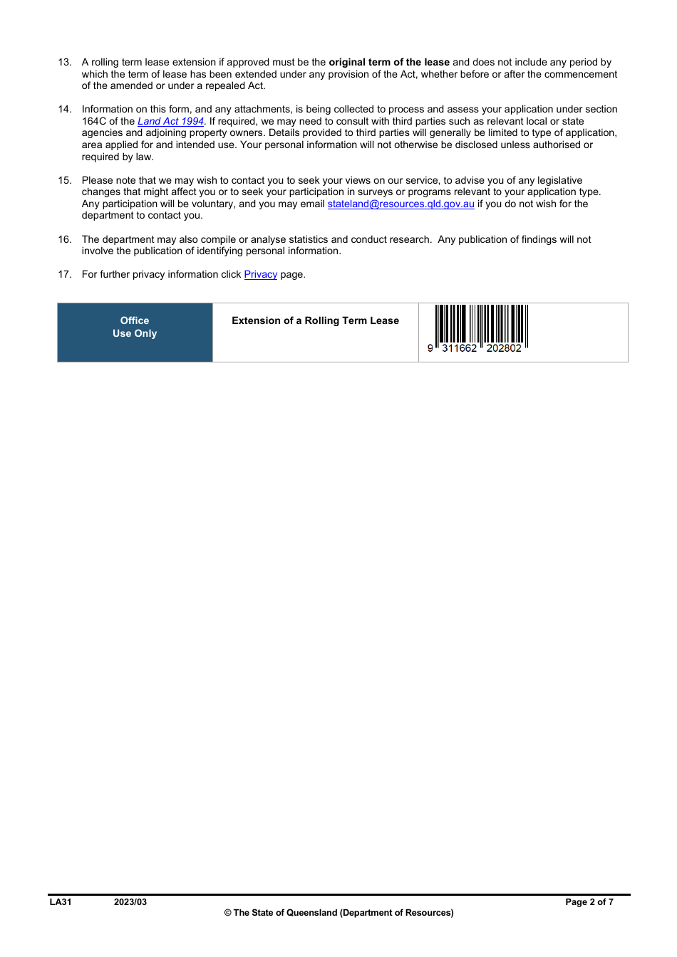 Form LA31 Part B Extension of a Rolling Term Lease Application - Queensland, Australia, Page 2